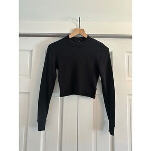Tna Aritzia Black Waffle Knit Thermal Mock Neck Cropped Long Sleeve Top Medium